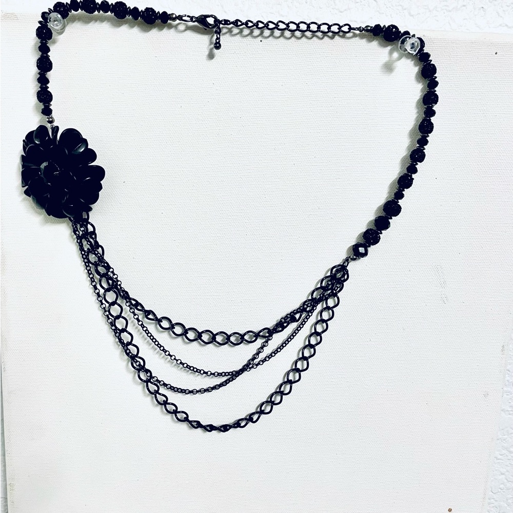 Fancy BLACK Flower  Adjustable Beaded Necklace
